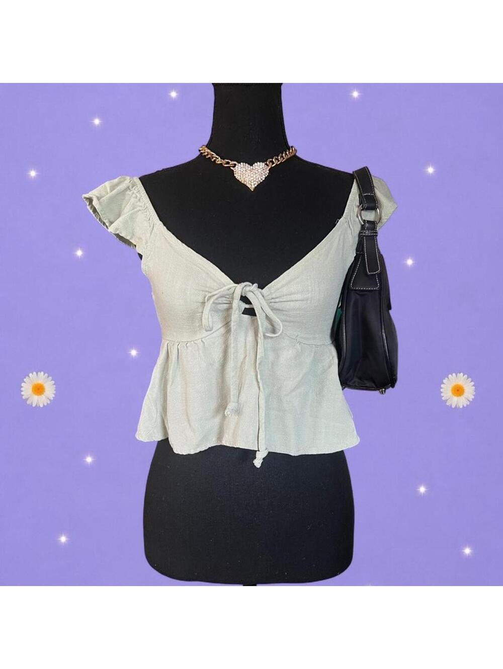 Vintage Y2K Sage Green Fairycore Coquette Linen Babydoll Crop Top size small